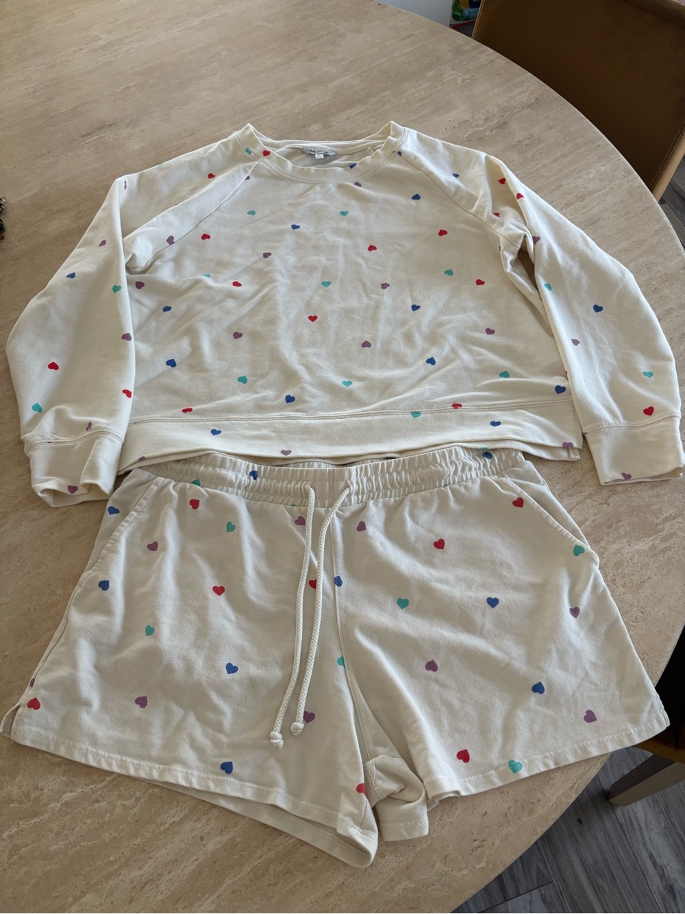 Cream Heart-Print Pajama Set - Long Sleeve Top & Shorts